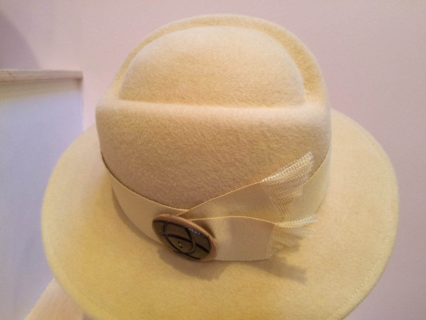 Soft Buttery Yellow Velour Wool Felt Hat with Grosgrain Ribbon and Vintage Wooden Button. Perfect Church Hat or your favorite 'go to' item.
