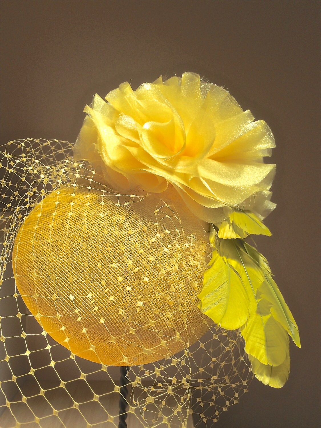 Yellow Sinamay Pill Box Hat with Veiling, Canary Yellow hat, Church hat, Veiling.Wedding fascinator, Royal Ascot, KentuckyDerby, Race Hat