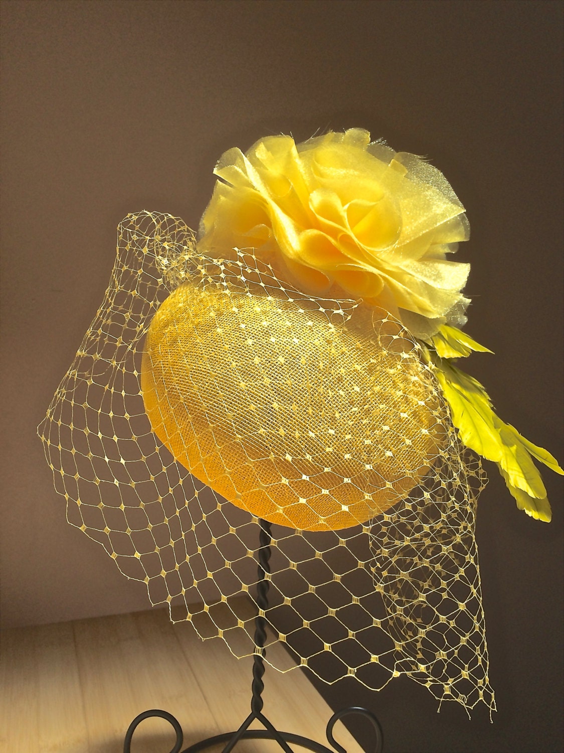 Yellow Sinamay Pill Box Hat with Veiling, Canary Yellow hat, Church hat, Veiling.Wedding fascinator, Royal Ascot, KentuckyDerby, Race Hat
