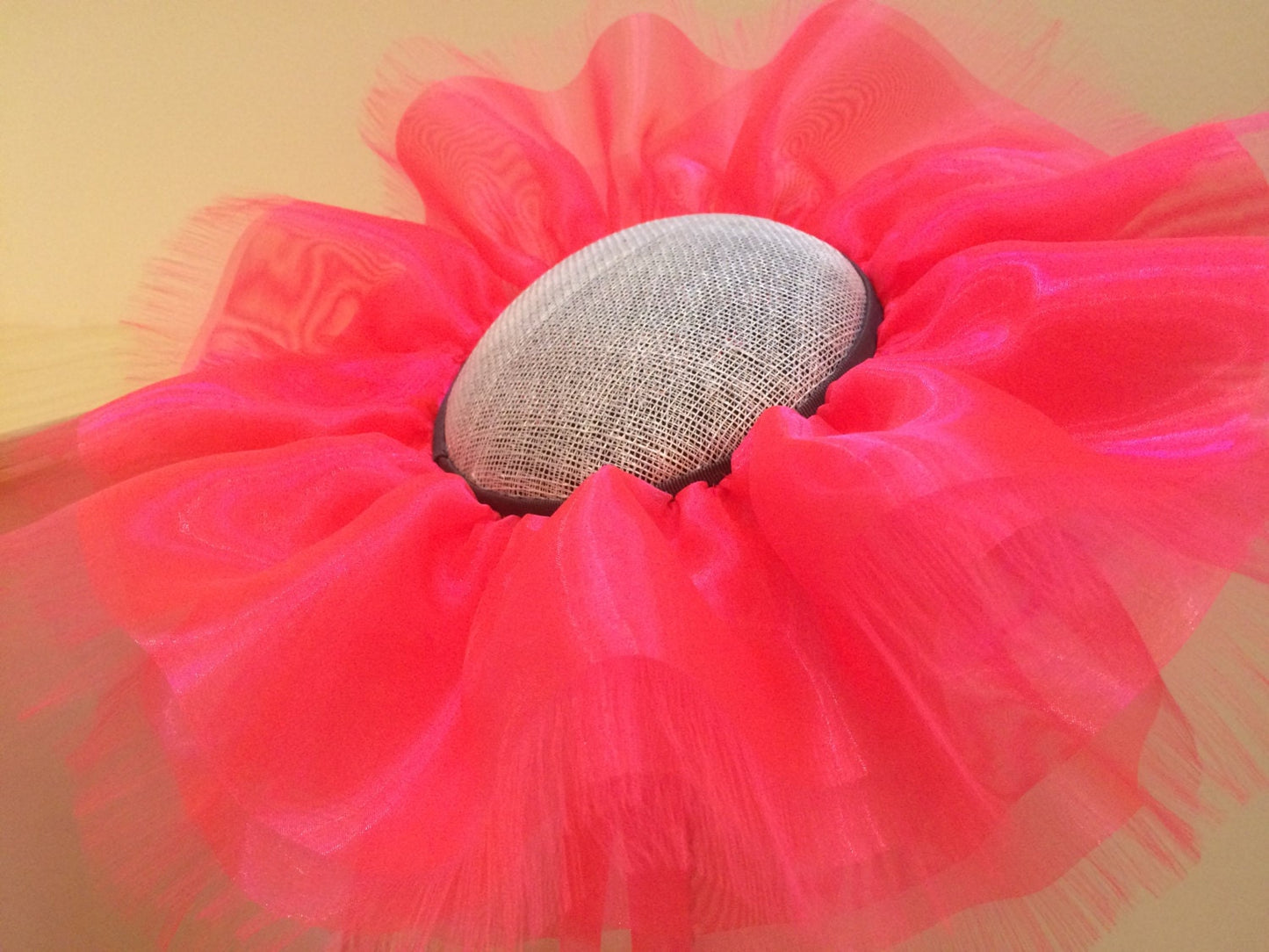Hot Pink Organza Frilly Fascinator, Party hat, Wedding Brides Maids hat, Hot Pink Hat-Cocktail Party Hat-Silver Sinamay Hat with ruffles-WOW