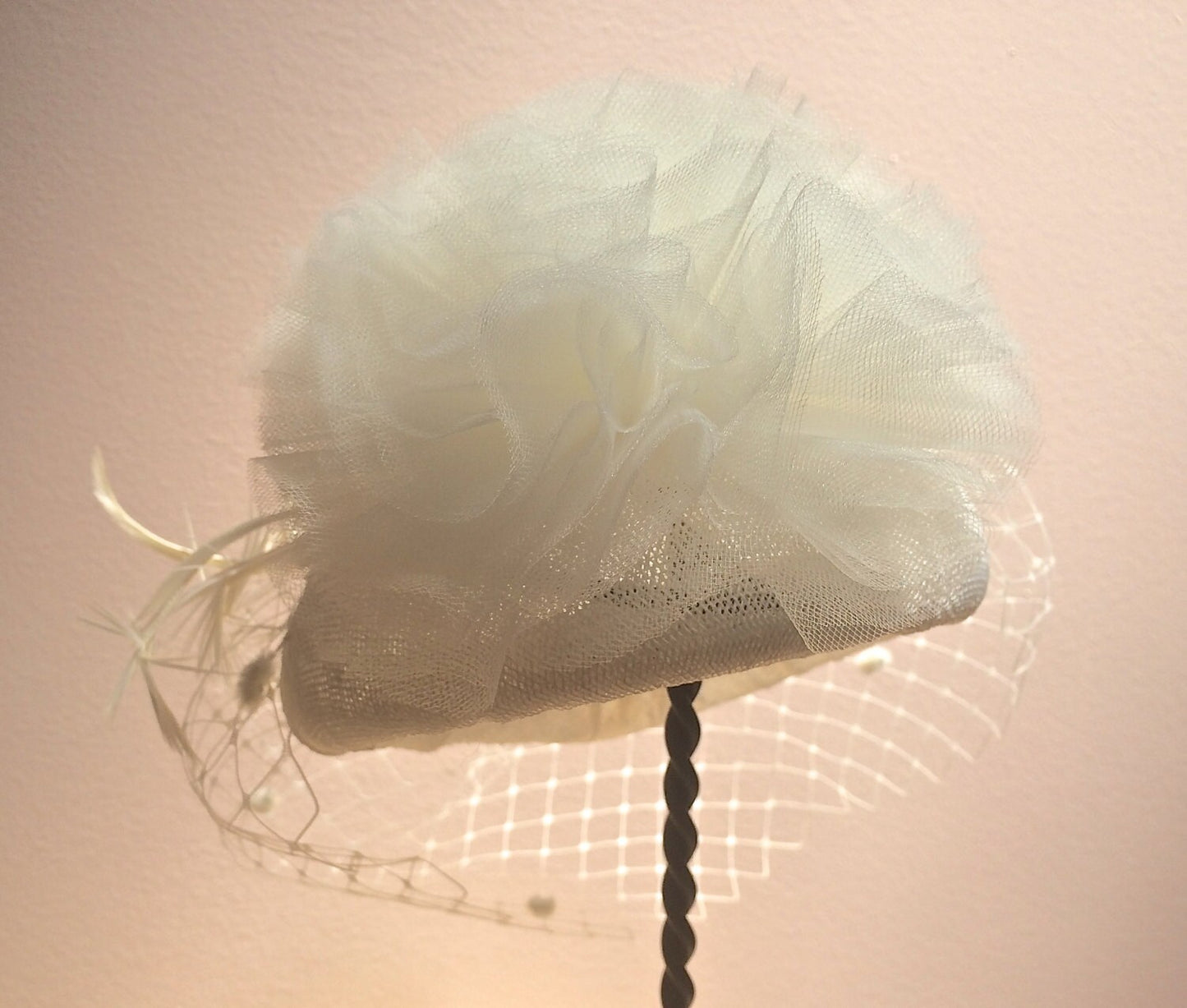 Ivory Sinamay Bridal Headpiece, Wedding hat, Tulle, Bridal hat, Feathers and Veiling, Church hat, Kentucky Derby, Royal Ascot, Luncheon  Hat