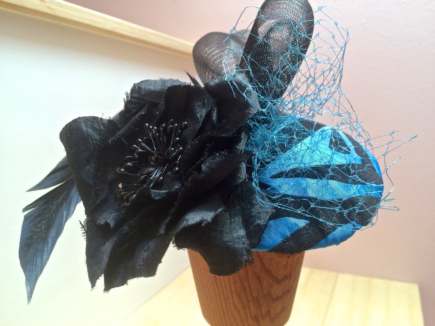 SALE Turquoise and Black Animal Print Fascinator, Wedding headpiece in turquoise- Race Track Hat-Cocktail hat-Party hat-Polo Matches hat-WOW