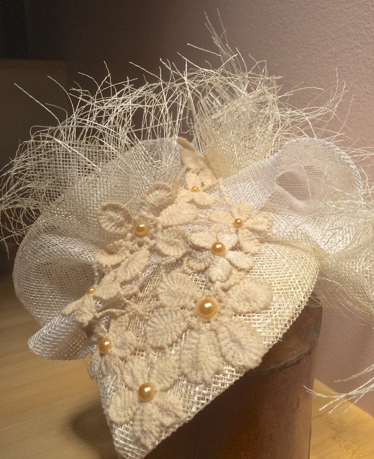 Ivory SINAMAY Wedding Fascinator, Cotton Lace Wedding Hat, Wedding headpiece with Beads-BRIDAL headpiece- Hat for the Bride-Off White Bridal