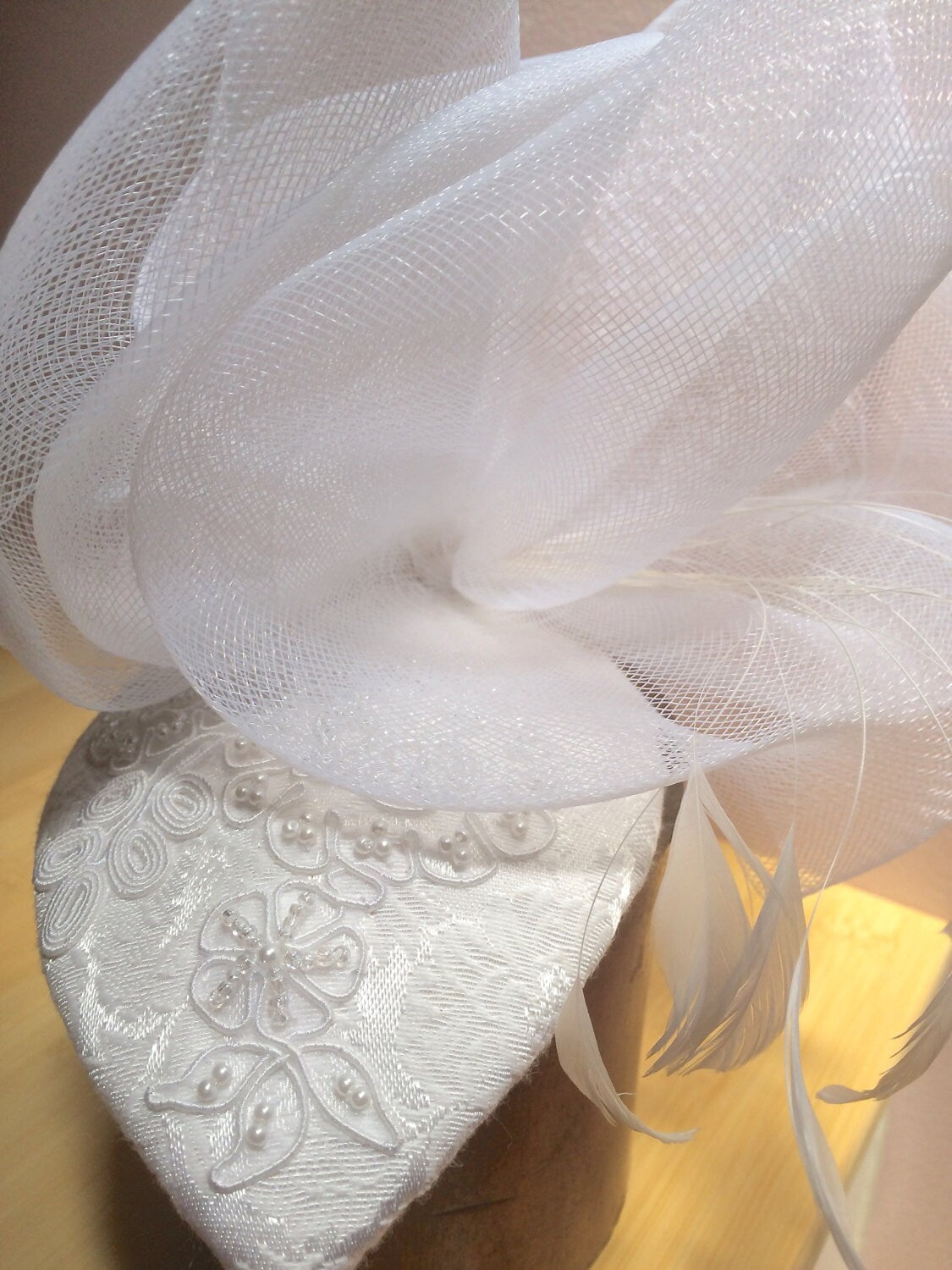 Pure White Wedding Fascinator with Feathers, Traditional wedding headpiece, White Wedding hat with White Crinoline. Beaded wedding headpiece