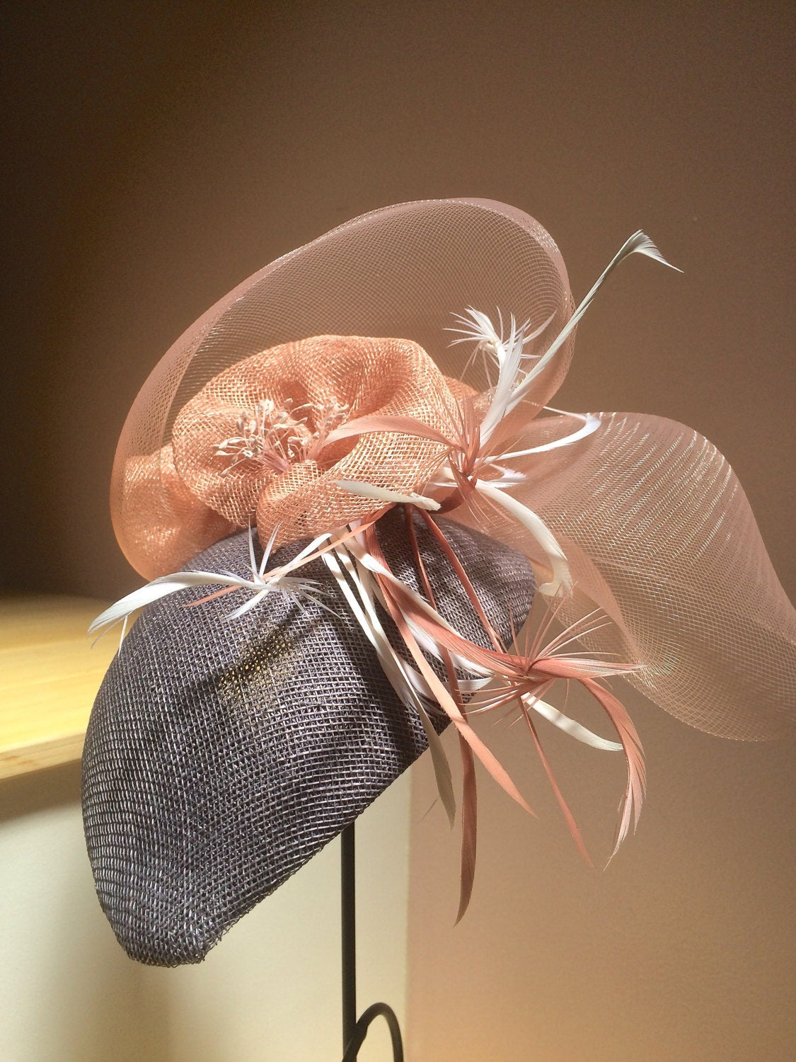 Mother of the Bride hat, Fascinator in grey and Peach with feathers--Bridal hat-Races Hat-Church Hat-Cocktail Hat, Royal Ascot, Derby hat!