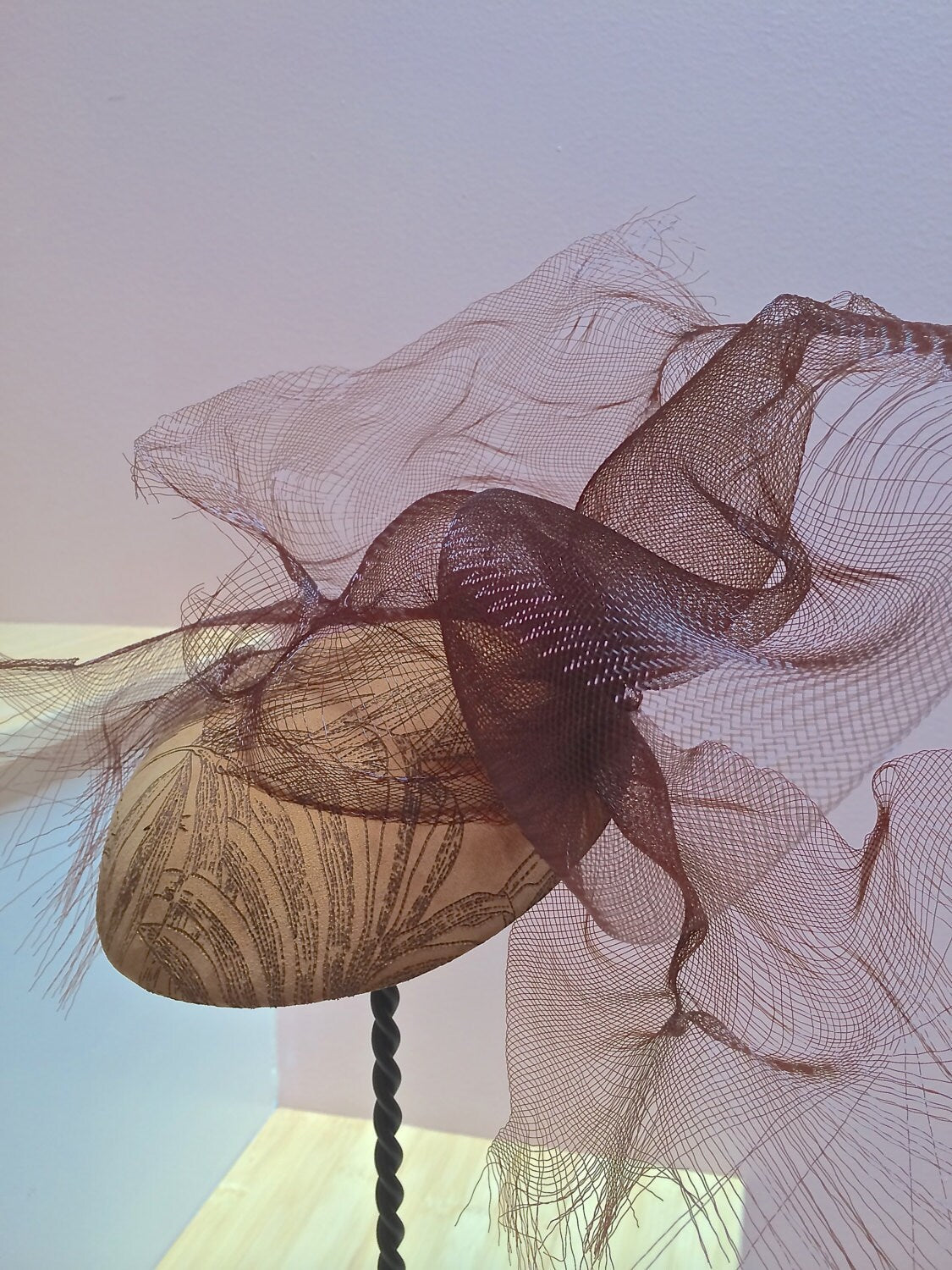 Tan and Brown Suede Stenciled Fascinator with Brown Crinoline. Perfect for the Races,Cocktail Party Hat-Suede! Wedding or Special Occasion.