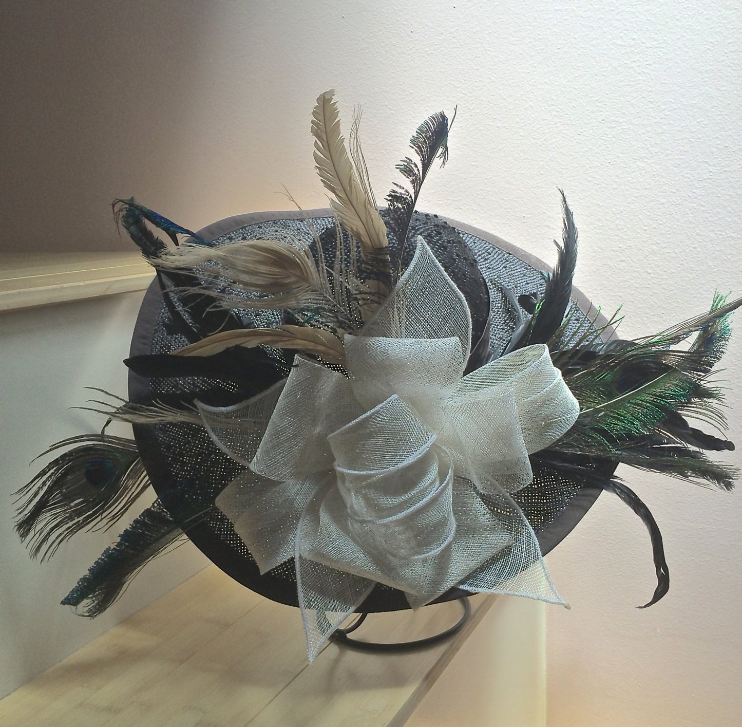 Large Black Derby or Church Hat with Feathers. Ivory sinamay Bow and Feathers from Peacocks and Roosters! Excellent for Polo Race Hat