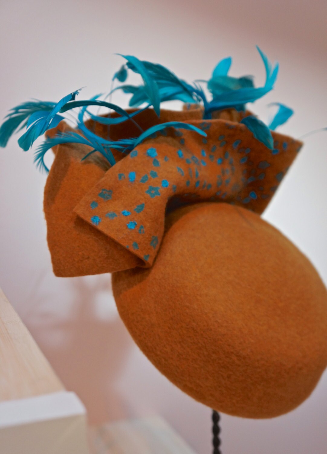 Rich Golden Amber Colored Wool Pill Box Hat-Turquoise Hand Painted embellishment-Turquoise Biot and Coque Feathers. Winter Races-Church Hat!