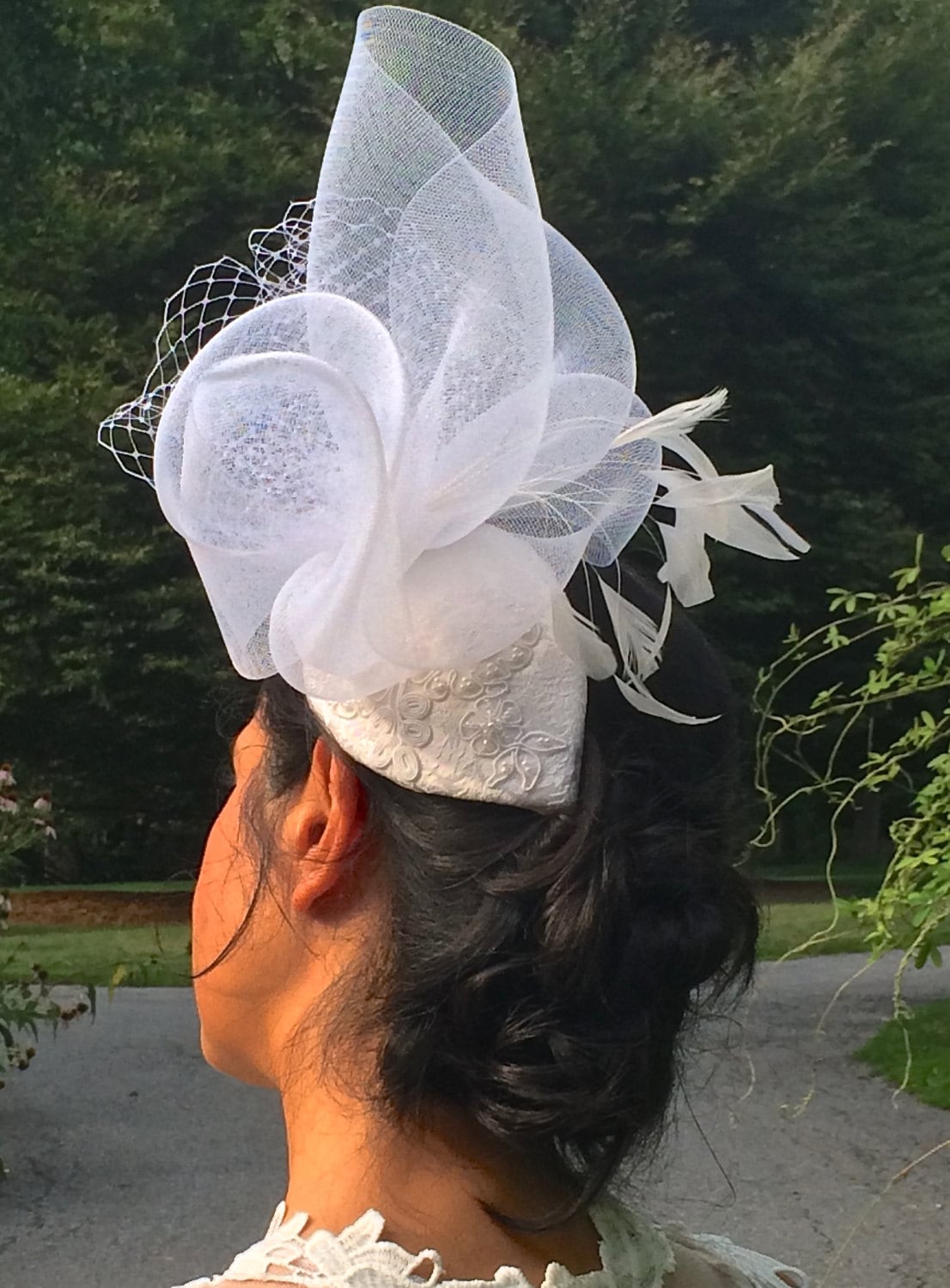Pure White Wedding Fascinator with Feathers, Traditional wedding headpiece, White Wedding hat with White Crinoline. Beaded wedding headpiece