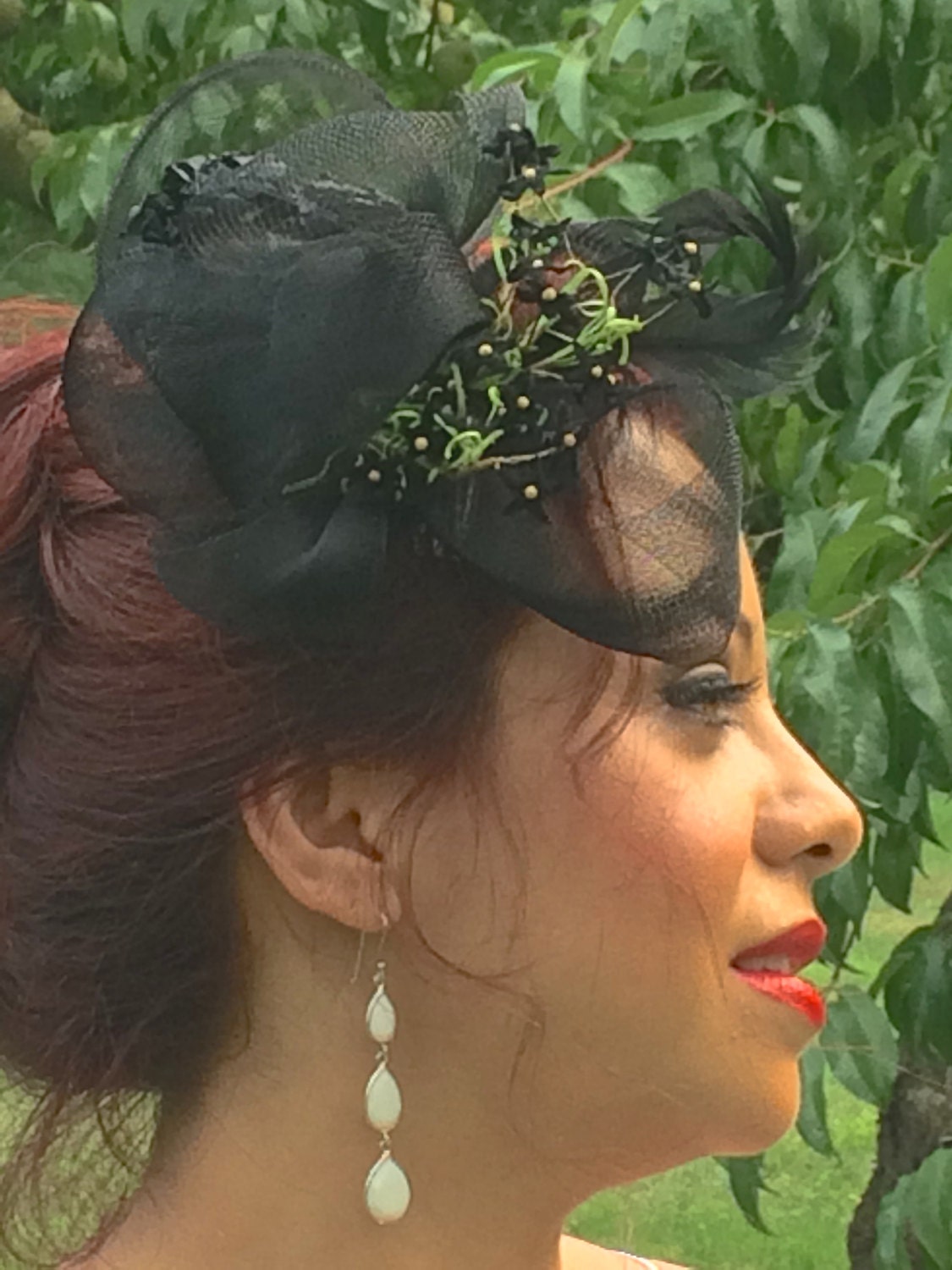 Black headpiece on comb, Black Flower headpiece, black vintage floral headpiece with Crinoline and Vintage Straw Braid-Evening hairpiece-
