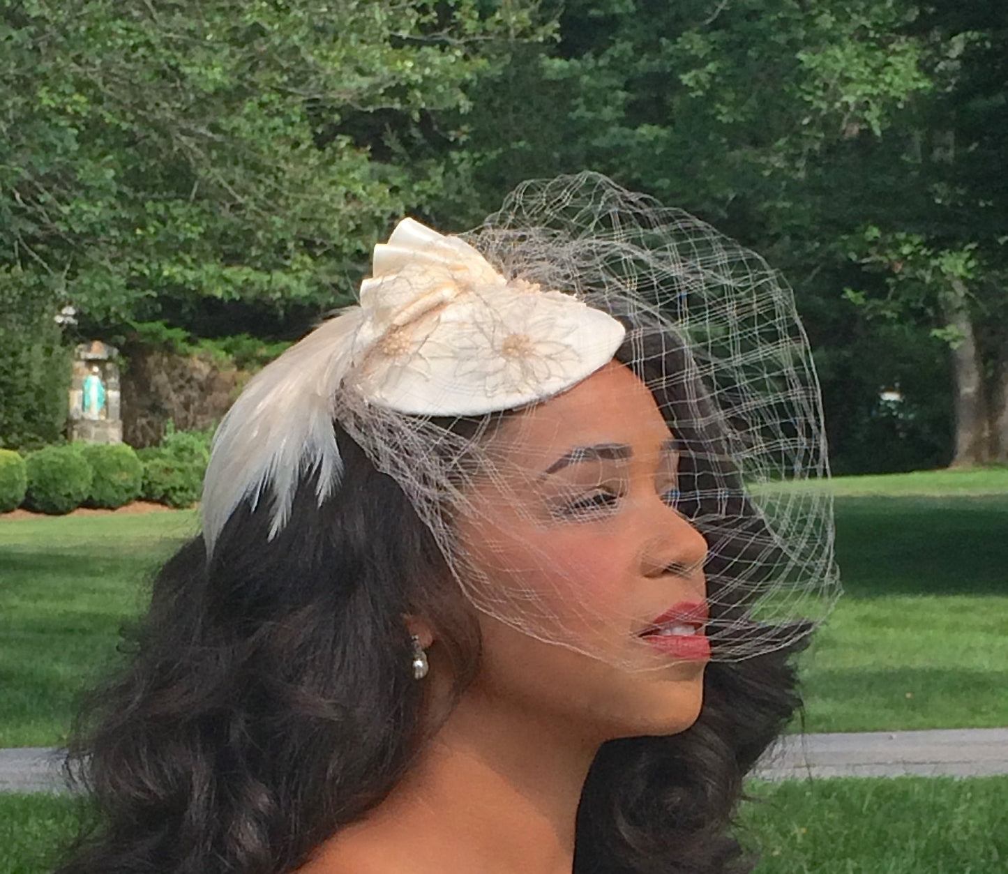 Perfect Wedding Fascinator, Ivory Bridal Headpiece with Unique Veiling, Satin ribbon Detail and Feather Pad- Beaded Vintage Appliqué-