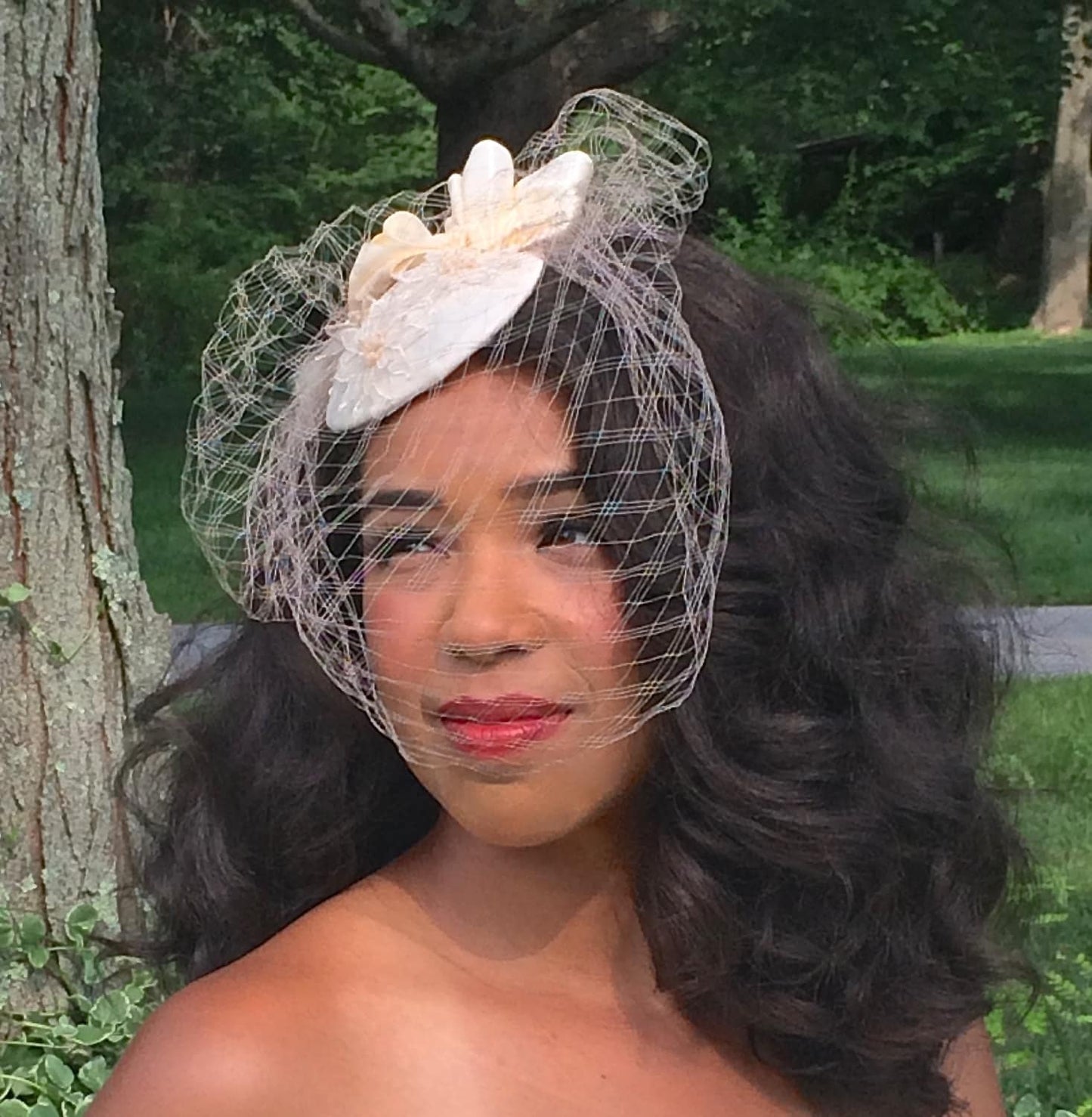 Perfect Wedding Fascinator, Ivory Bridal Headpiece with Unique Veiling, Satin ribbon Detail and Feather Pad- Beaded Vintage Appliqué-