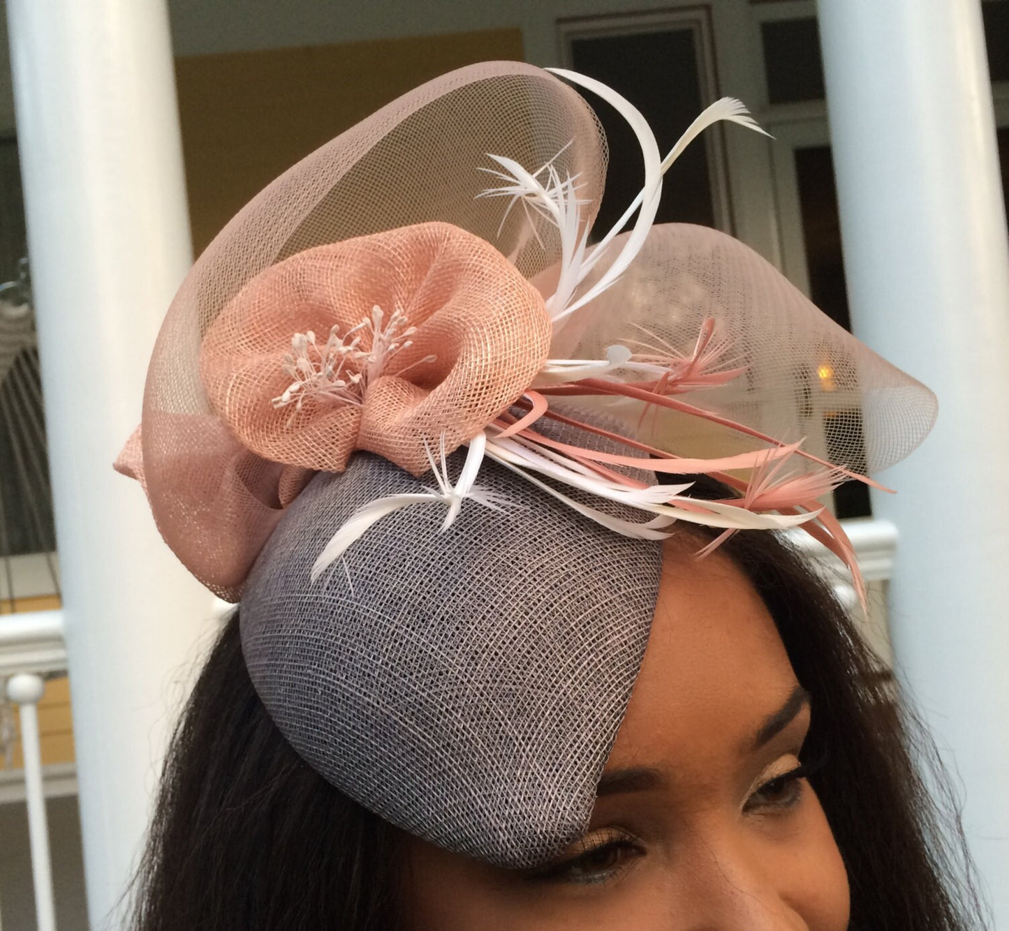 Mother of the Bride hat, Fascinator in grey and Peach with feathers--Bridal hat-Races Hat-Church Hat-Cocktail Hat, Royal Ascot, Derby hat!