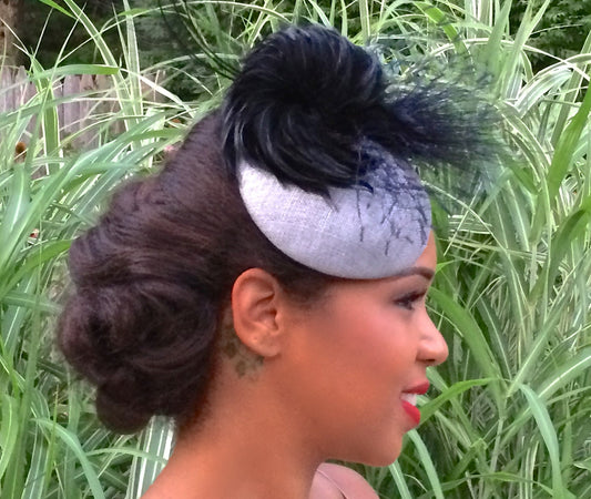 Silver sinamay fascinator, headpiece with black feathers and netting, Wedding headpiece, Mother of the Bride, Brides Maids, Cocktail Party!
