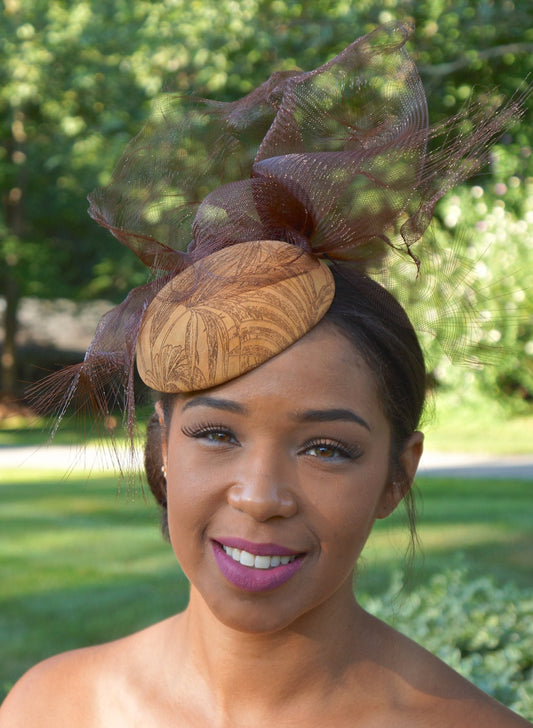 Tan and Brown Suede Stenciled Fascinator with Brown Crinoline. Perfect for the Races,Cocktail Party Hat-Suede! Wedding or Special Occasion.