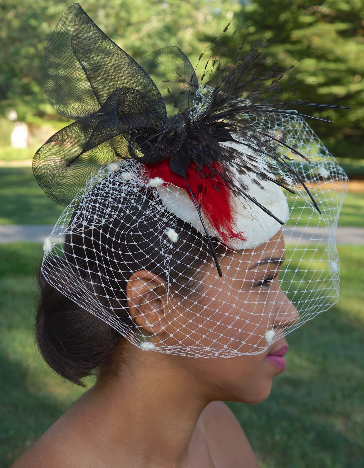 Stunning Ivory Tulle Fascinator with Vintage Ivory Veiling- Vintage black feather piece- red feather accent-Bridal or Mother of the  Bride