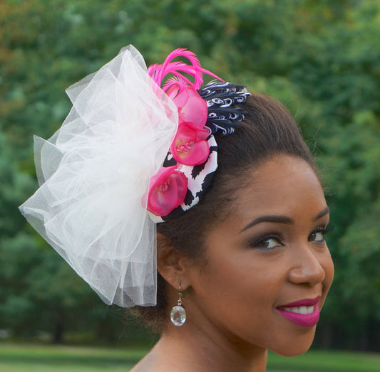 Black, White and Hot Pink Fascinator, Wedding hat, Wedding headpiece. Be BOLD, make your statement! Attend Races,Polo Matches and more!