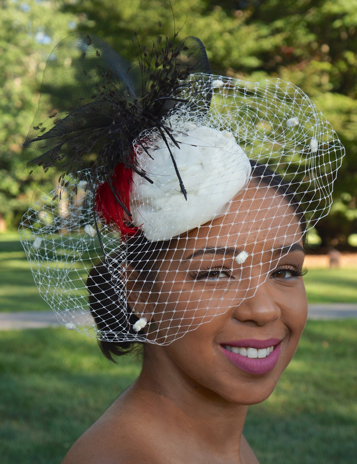 Stunning Ivory Tulle Fascinator with Vintage Ivory Veiling- Vintage black feather piece- red feather accent-Bridal or Mother of the  Bride