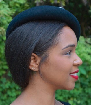 Black Wool Beret with Trimmed White Ostrich Feathers and Rhinestone Jewel- Church-Weddings-Race Hat-Polo Matches-Saratoga Races