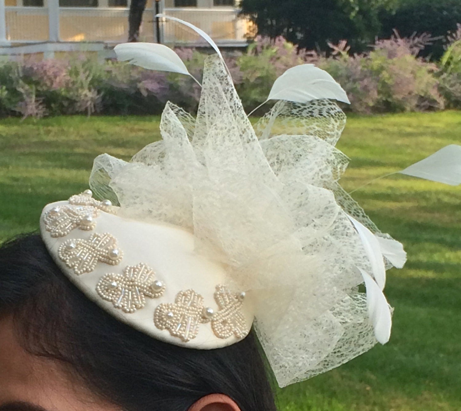 Aukje buy Bridal Fascinator Dupioni Silk Pearl Detail