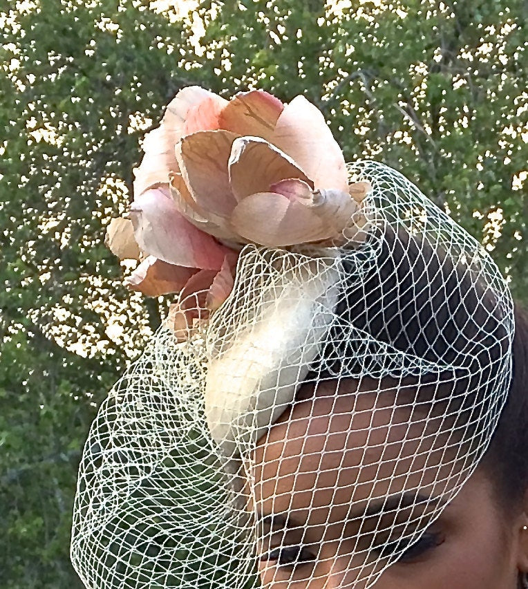 GOLD Metallic Leather Fascinator with Peach and Ivory Magnolia Flower-Ivory Veiling-Wedding-Races-Ascot-Kentucky Derby-Polo Matches-Brides