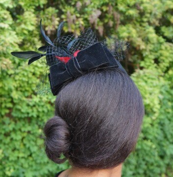 Black Wool Pill Box Hat With Red Feathers, Black Velvet Bow and Veiling-Memorial or Funeral Hat-Graduation Hat-Races hat-Ascot-Polo Matches