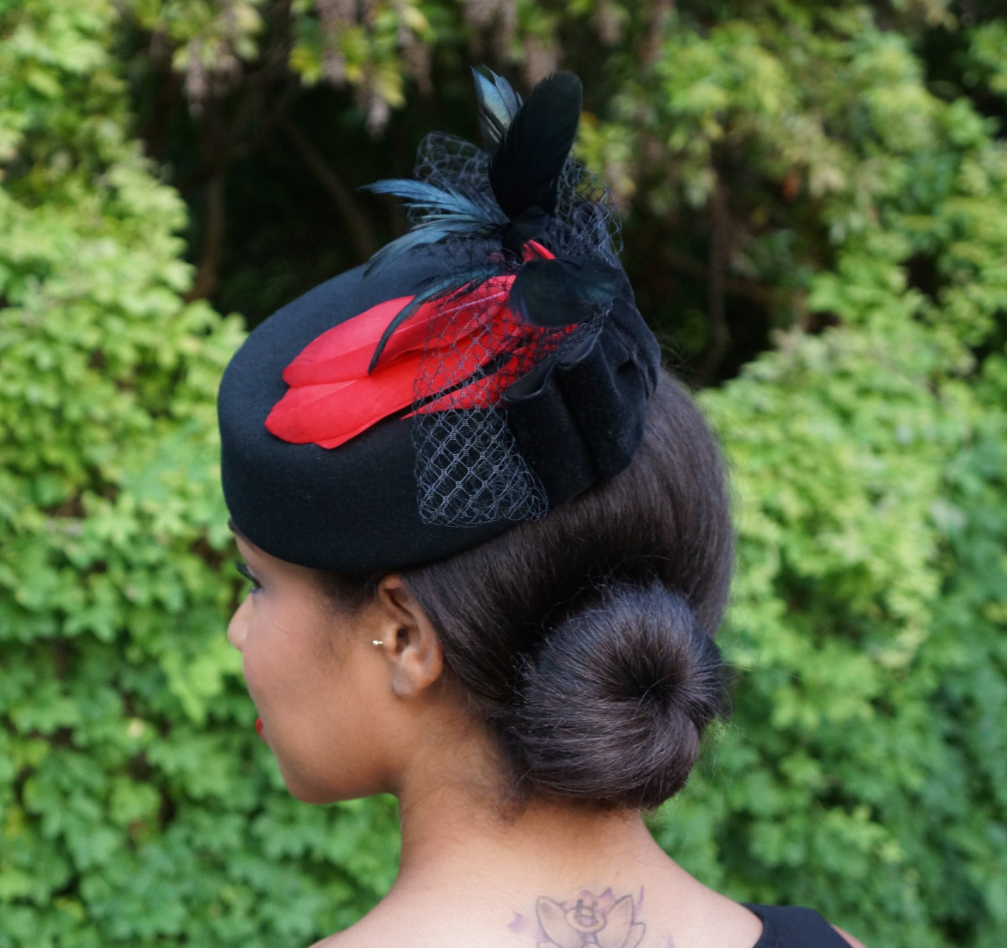 Black Wool Pill Box Hat With Red Feathers, Black Velvet Bow and Veiling-Memorial or Funeral Hat-Graduation Hat-Races hat-Ascot-Polo Matches