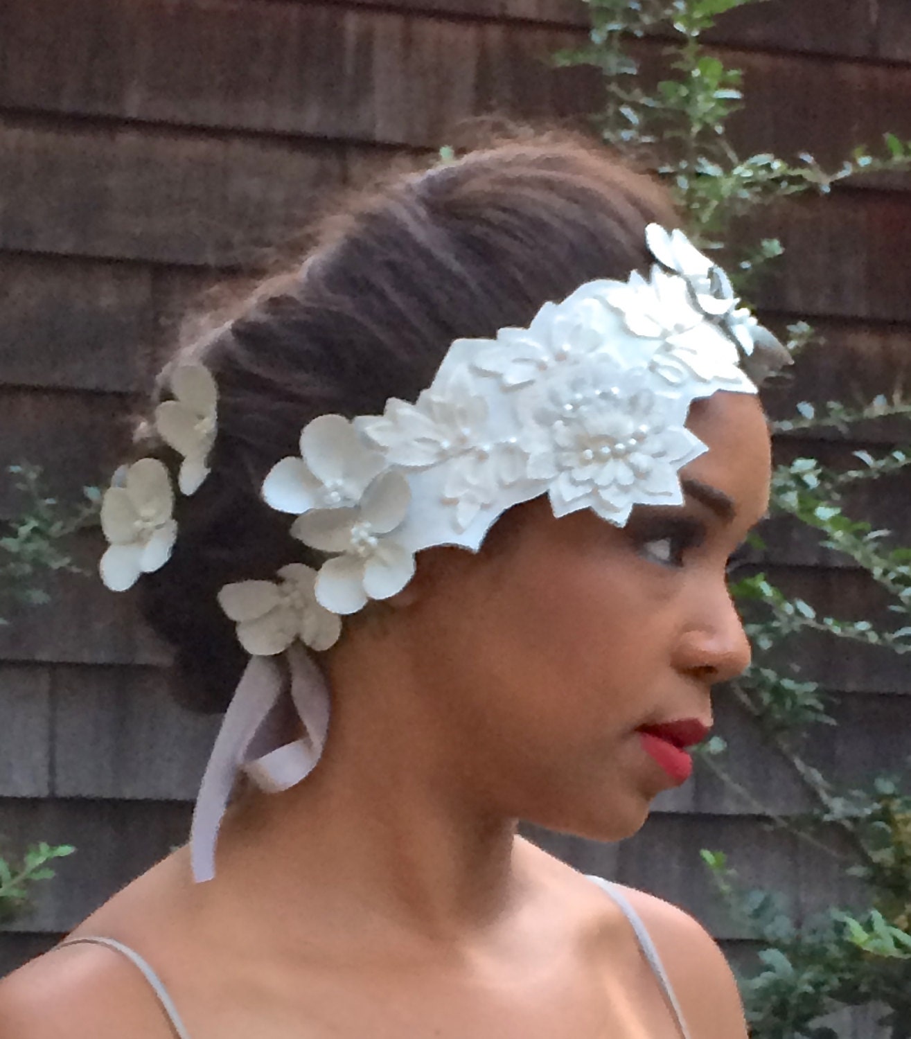 White Lambs Skin Leather Bridal Head Piece-Lace-Beads-Floral-Handmade-Silver Veiling Tie-Unique Headpiece-Bridal Headwear-Leather Floral Hat