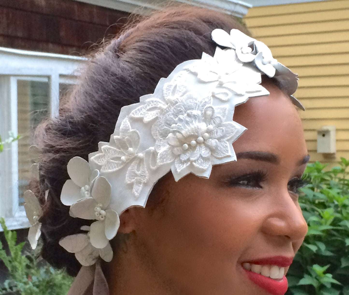 White Lambs Skin Leather Bridal Head Piece-Lace-Beads-Floral-Handmade-Silver Veiling Tie-Unique Headpiece-Bridal Headwear-Leather Floral Hat