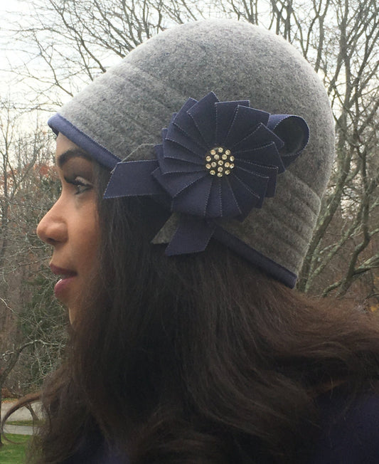 Grey Wool Cloche with Navy Grosgrain Ribbon Trim and Vintage Rhinestone Button. Perfect style and warmth for winter-Handmade- Birthday gift