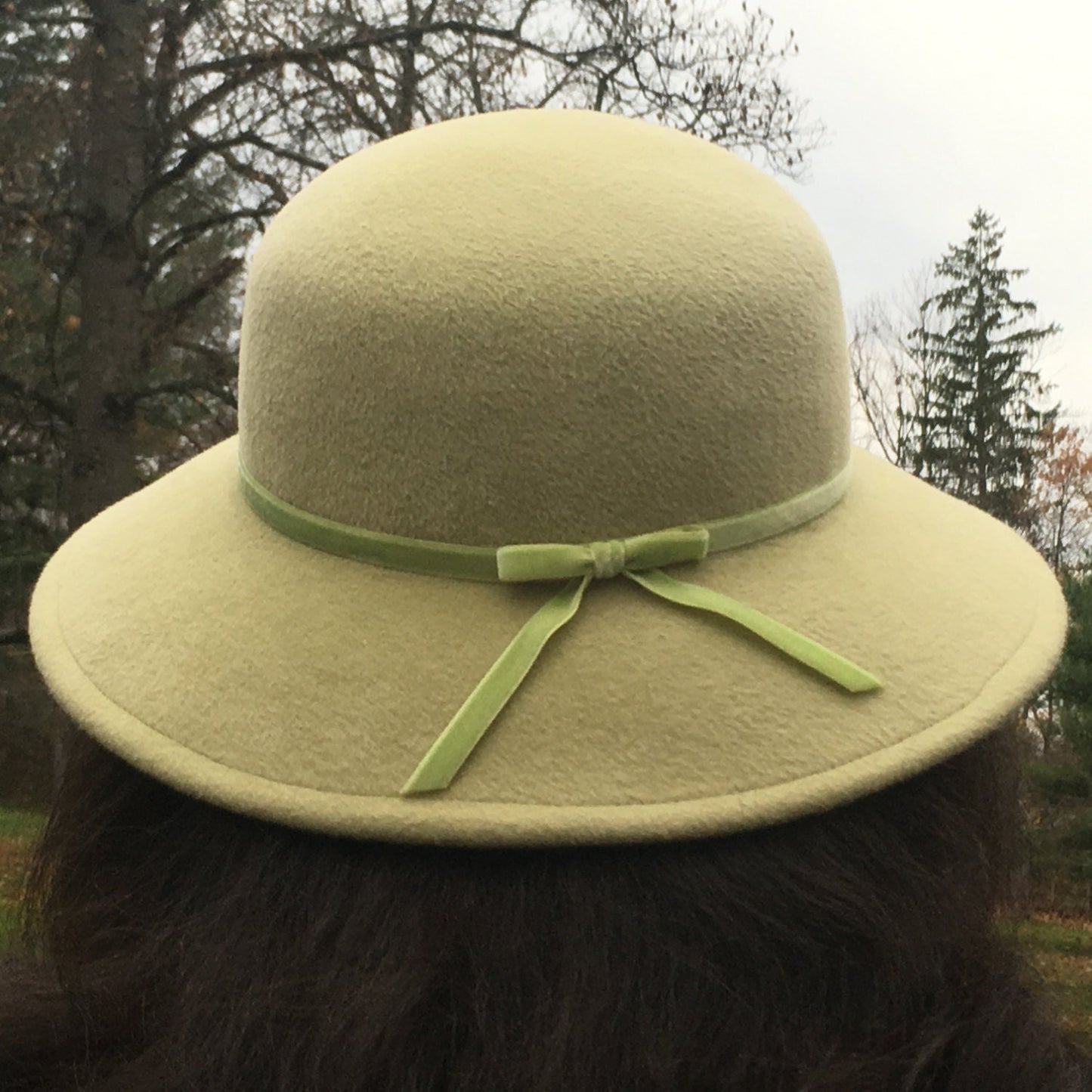 Soft Celery Green Velour Wool Felt Hat with Brim! Simple Velvet Ribbon Trim-Church Hat-Wedding Hat-Christmas Hat! 'Go To Hat' Comfy Hat
