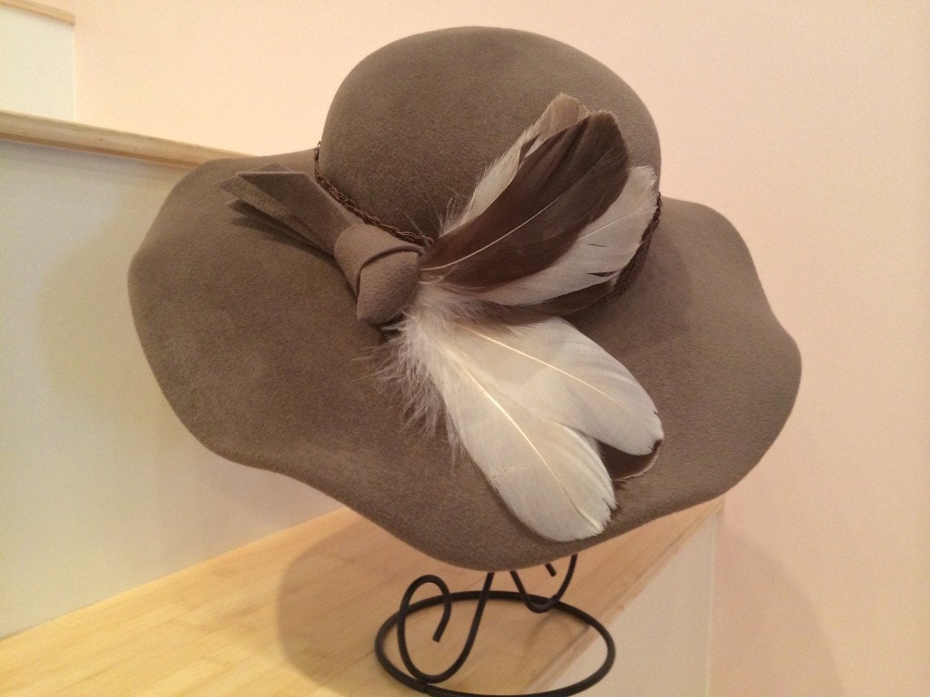 Taupe Velour Felt Wavy Brim Hat. Sophisticated and Beautiful! Perfect Church Hat! Trimmed with Vintage Feathers-Polo Matches-Race Hat- Taupe