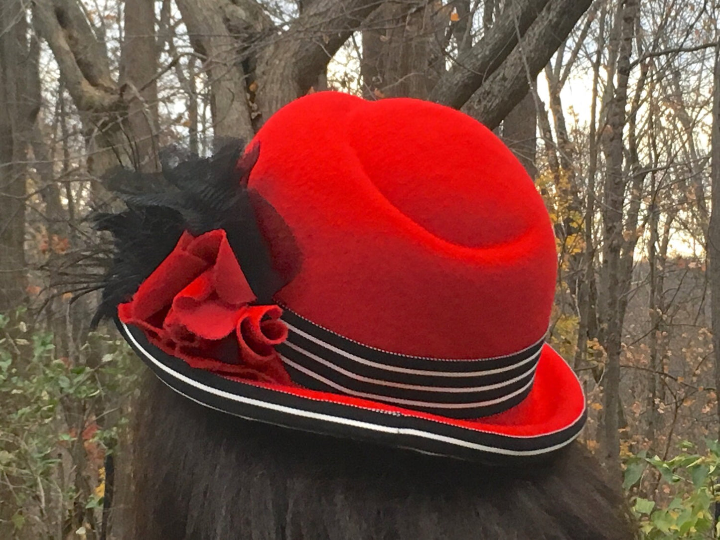 Red Wool Felt Fedora Hat with Black and White Striped Ribbon, Red Velvet Rose, Black Feathers and Black Silk-Christmas Hat-Holiday Party Hat