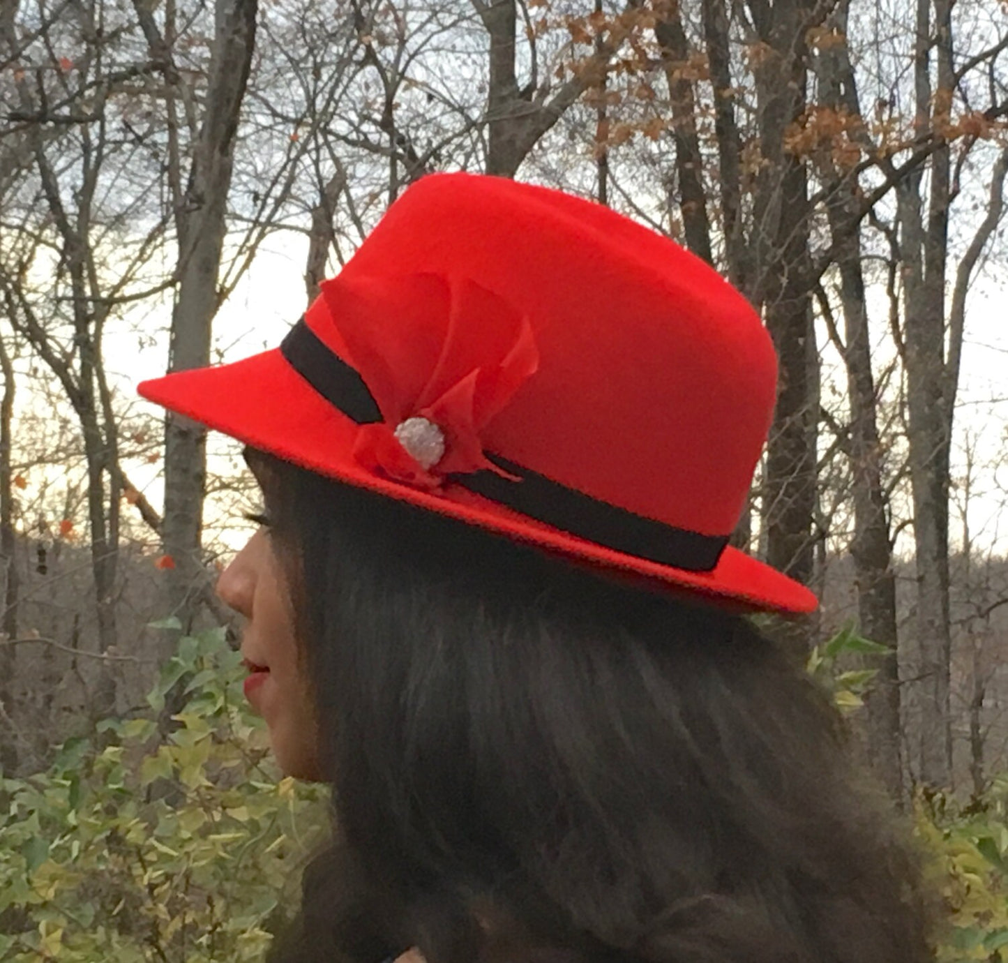 Red Wool Felt Fedora with Black Velvet band, Rhinestone Button and Red Silk- Winter Races- Christmas Hat- Holiday Hat-Church Hat- Womans Hat