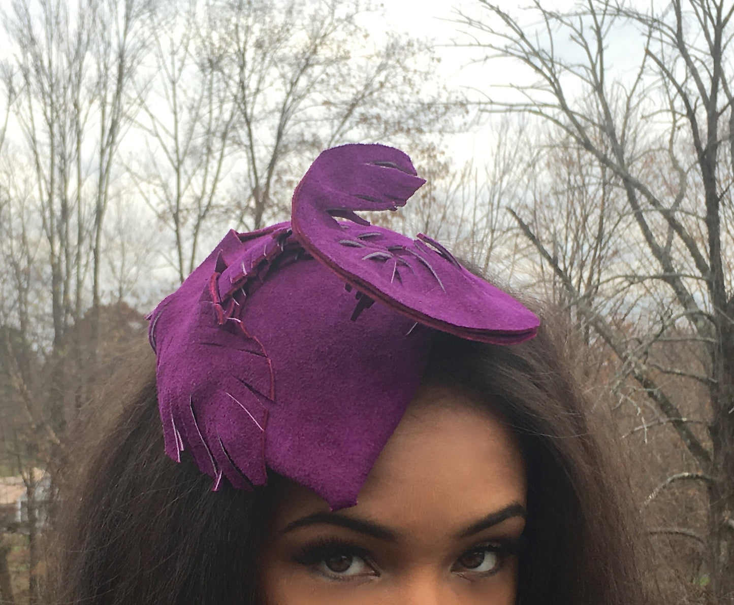Radiant Orchid Suede Fascinator, Purple headpiece in suede, Mother of the bride hat. Winter wedding or Holiday Party. Cocktail  Evening hat