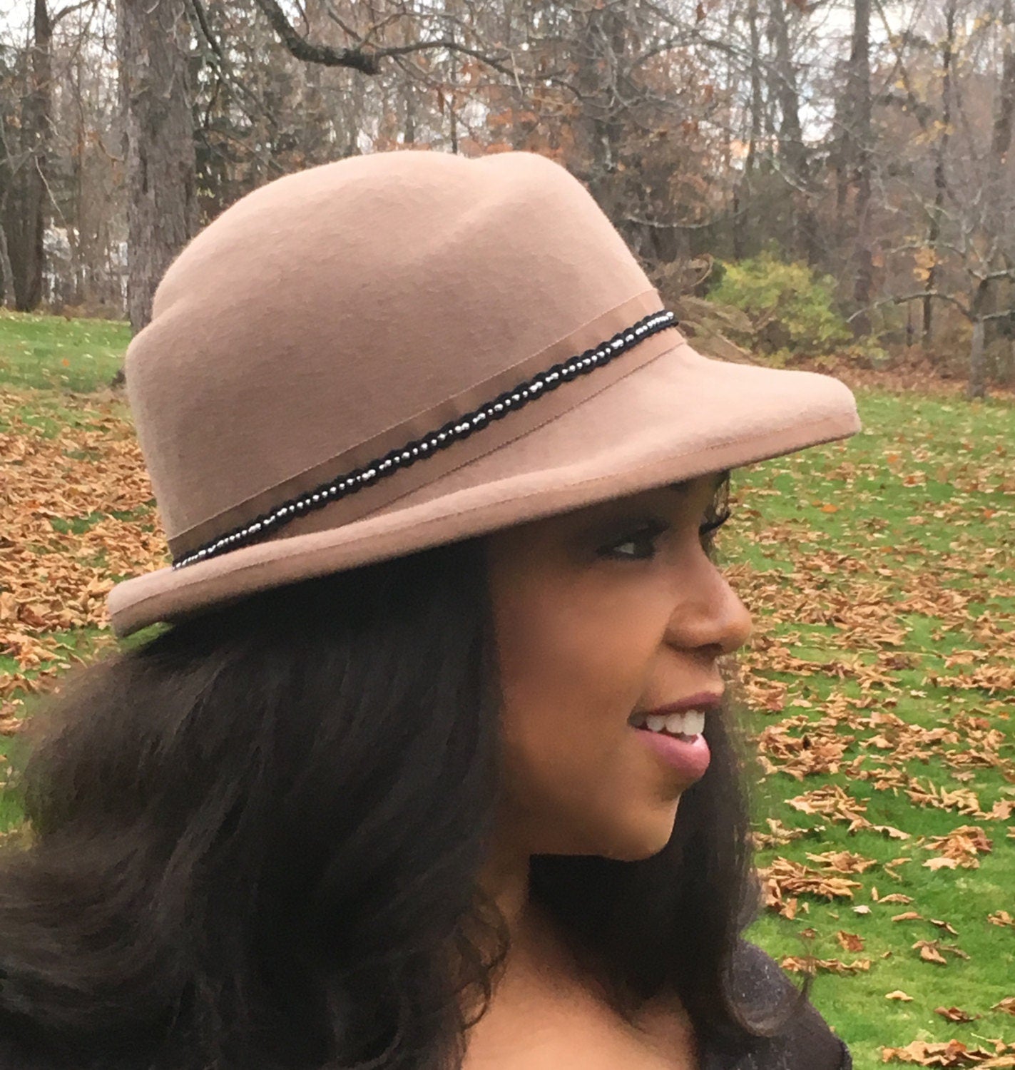 Tan Wool Felt Fedora Style Hat with Black Trim and Ostrich Feathers-Silver bead Trim on Band-Black Velvet Ribbon Bow-Church Hat-Wedding! WOW