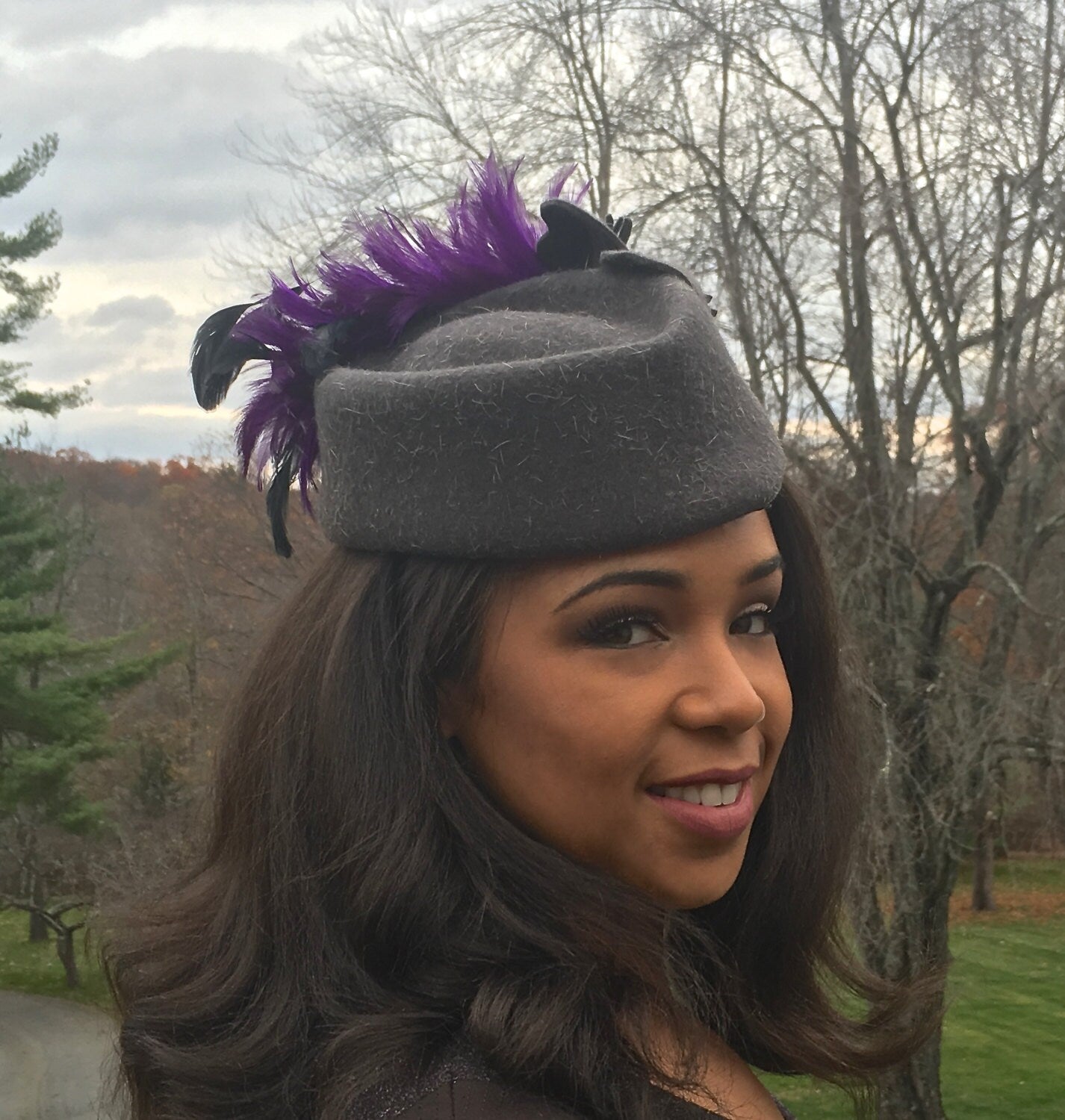 Cadet/Hostess, Grey Wool Hat with Purple Feather Plume- Stylized Floral Petals. Wedding-Graduation-Mother of the Bride-Church Hat-Derby-Polo