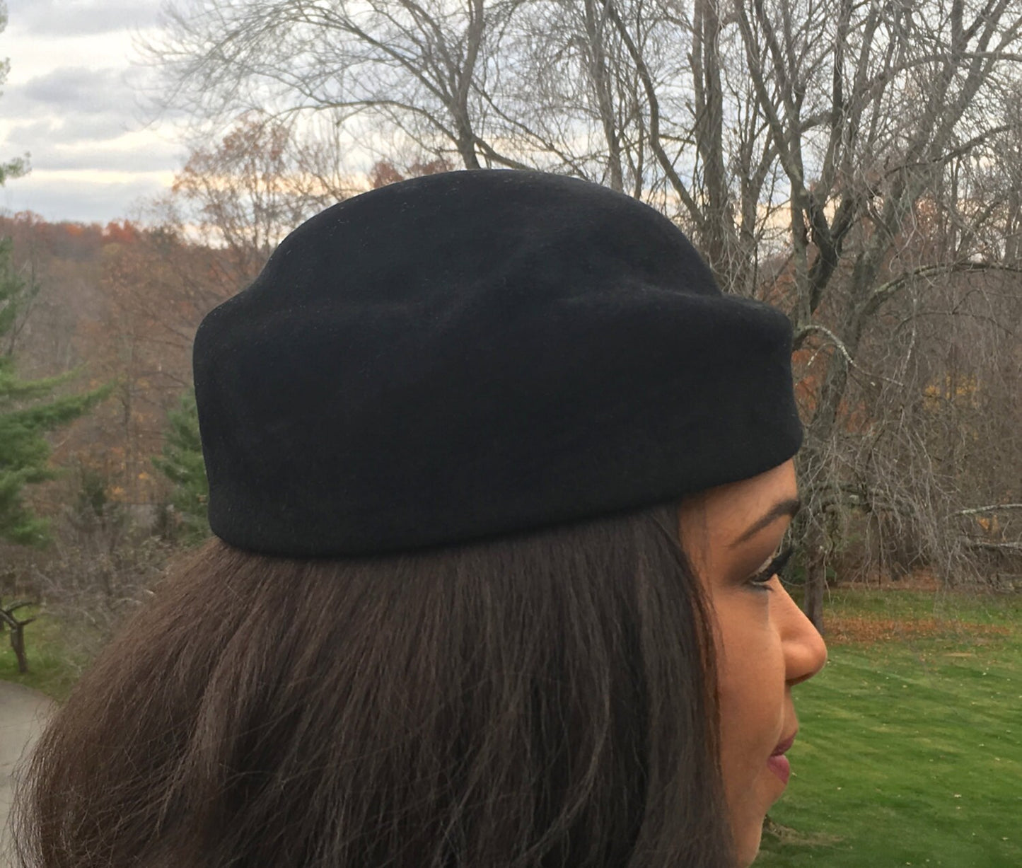 Black Velour Wool Felt Pillbox Hat-Vintage Style and Timeless. Church hat-Winter Races-Polo-Derby-Wedding-Mother of the Bride-Bridesmaids