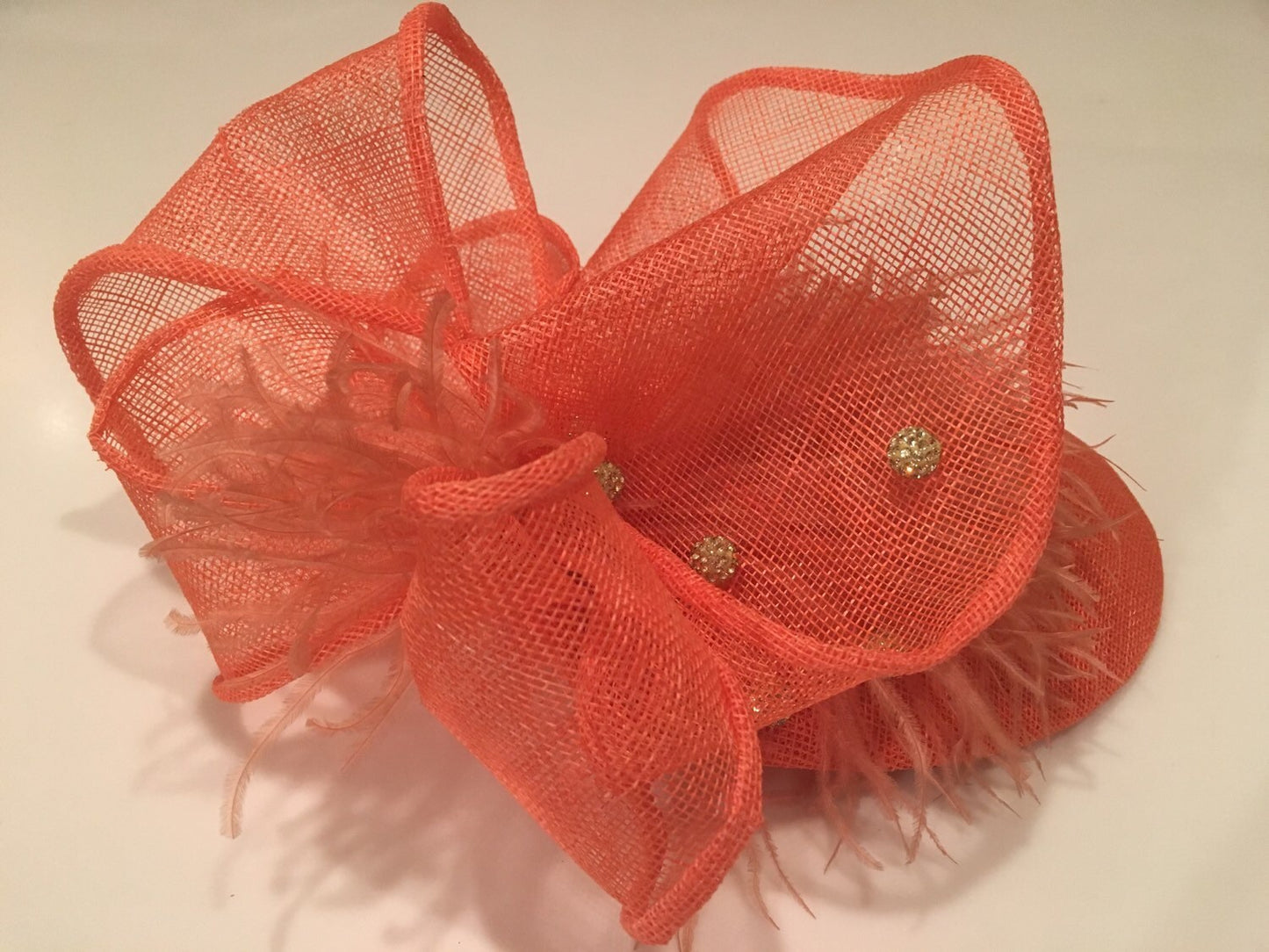 Custom Hat - SELECT A COLOR- Orange sinamay Fascinator with Ostrich Feathers and Round Rhinestone beads